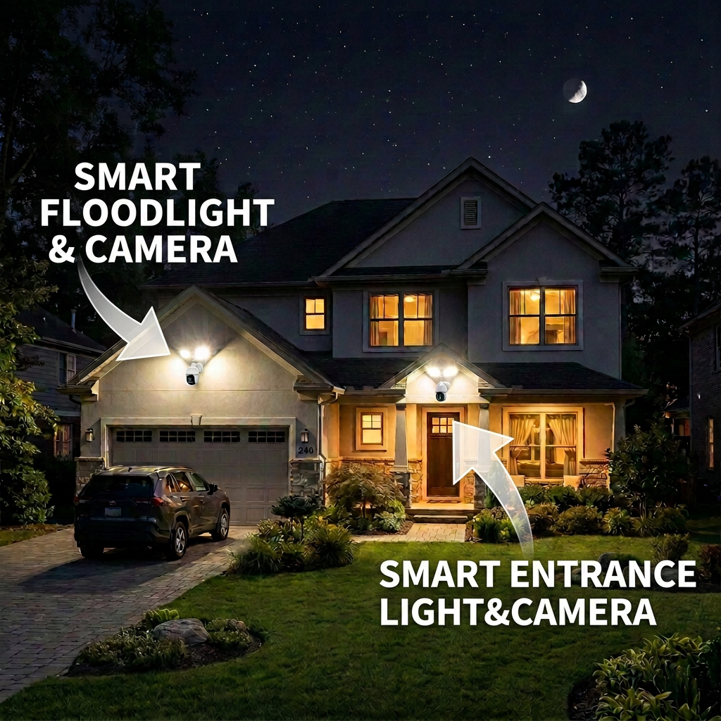 Two-story suburban house with illuminated windows and exterior lights at night