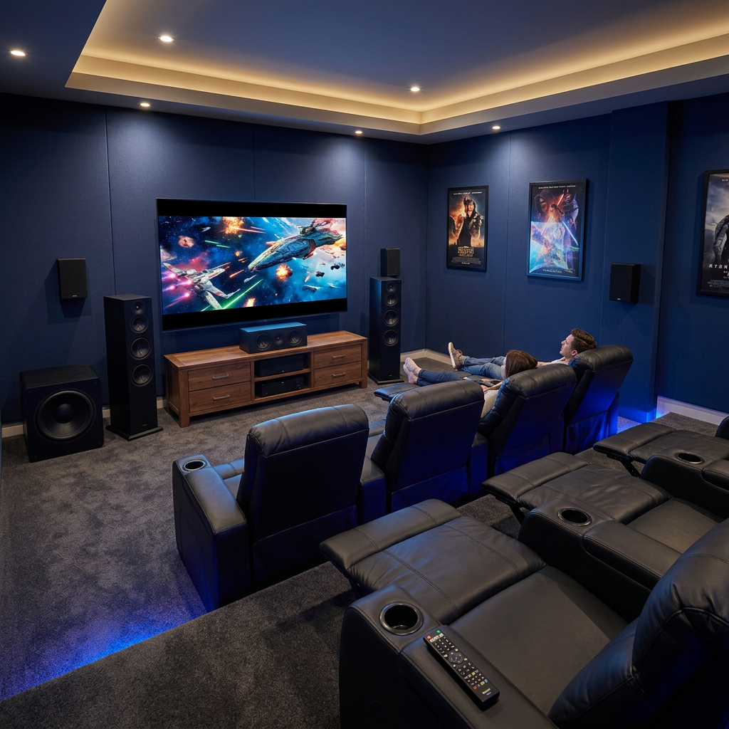 Home theater room with couple watching space battle movie on large screen