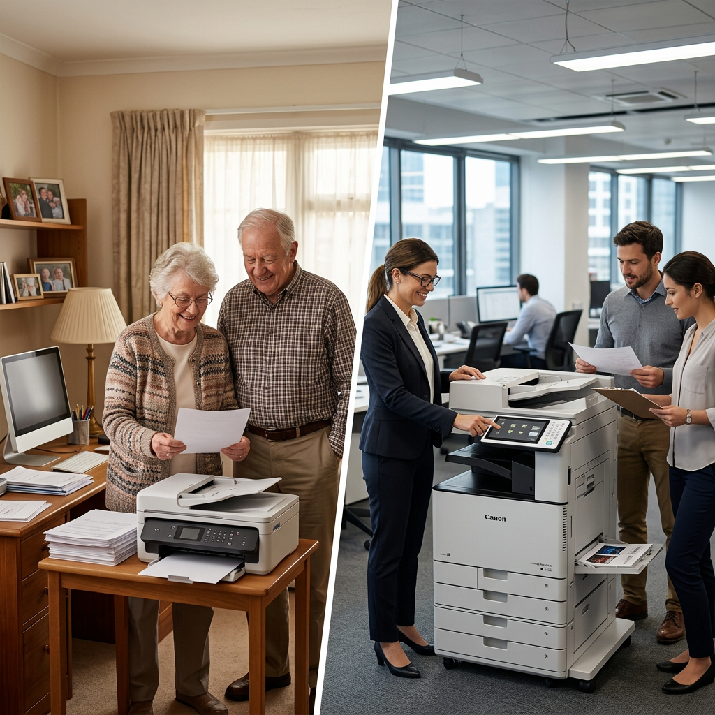 Elderly couple printing documents at home and group of professionals using office copier.