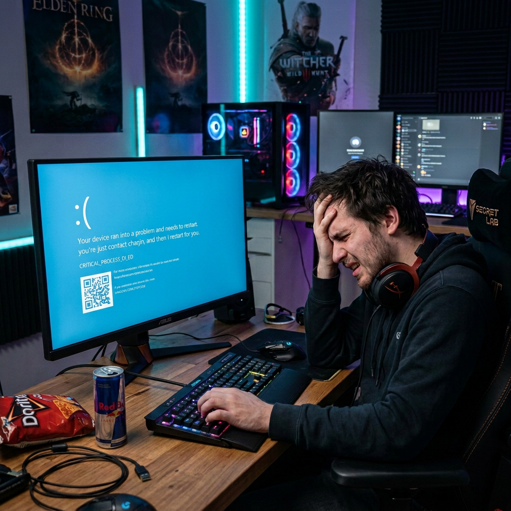 Gamer holding his head in frustration beside a keyboard with game screen showing 'YOU DIED' message