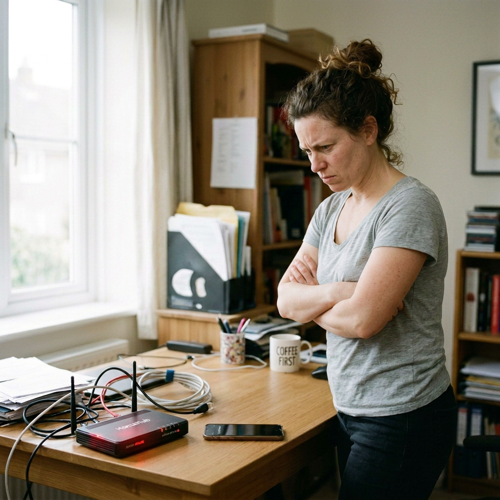 Frustrated woman with network outage Woman with hand on forehead in frustration next to laptop showing no internet connection and a monitor displaying network down