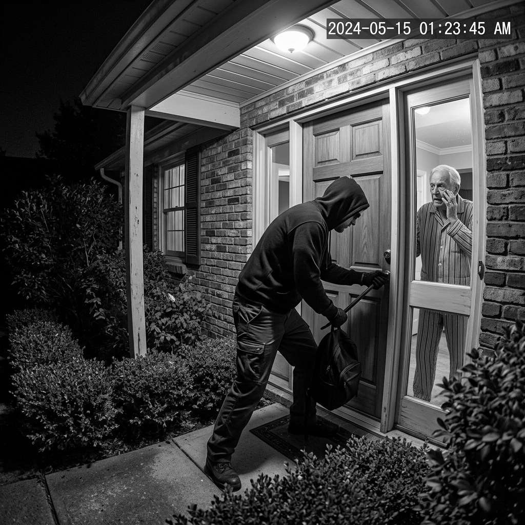 Frustrated woman with network outage Burglar trying to pry open a front door at night while elderly man watches inside