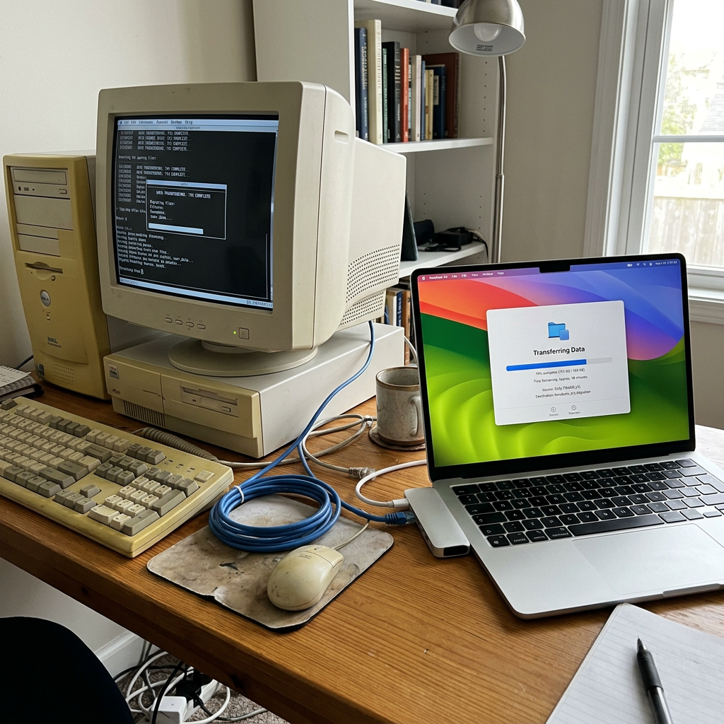 Frustrated woman with network outage Vintage desktop computer running software next to modern laptop displaying file transfer progress