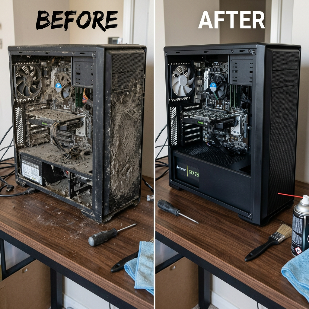 Frustrated woman with network outage Before and after comparison of an open desktop computer showing dust accumulation and after cleaning
