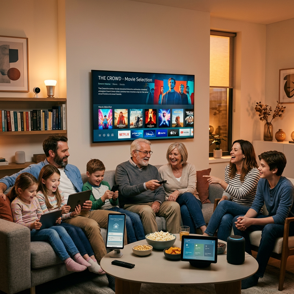 Frustrated woman with network outage Family watching movie on smart TV with tablets and smart home devices