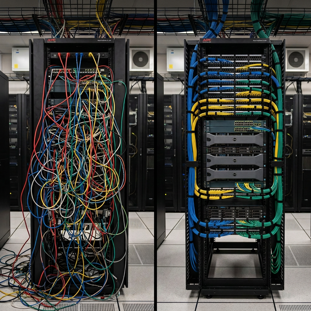 Frustrated woman with network outage Server rack cables tangled and disorganized before, neatly arranged and color-coded after