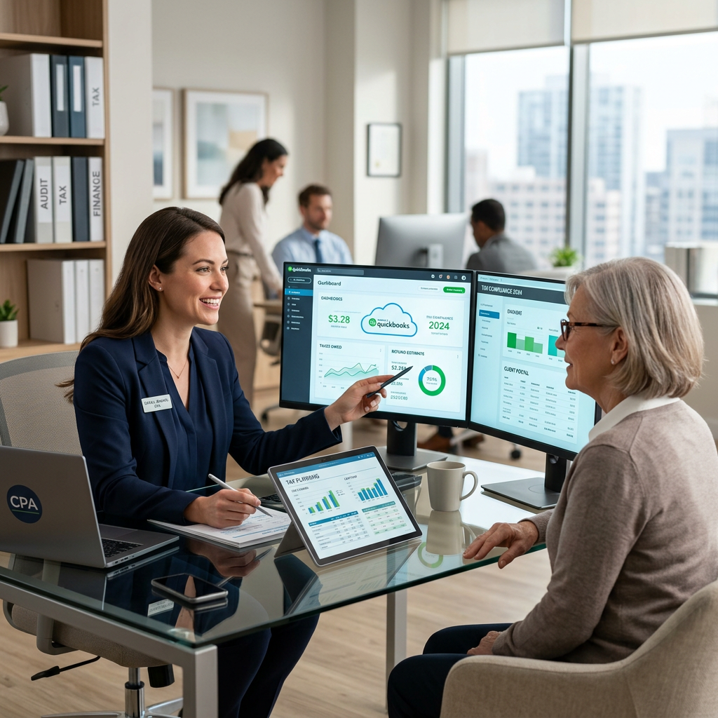 Frustrated woman with network outage Financial advisor showing accounting and tax software charts to a client using dual monitors and a tablet