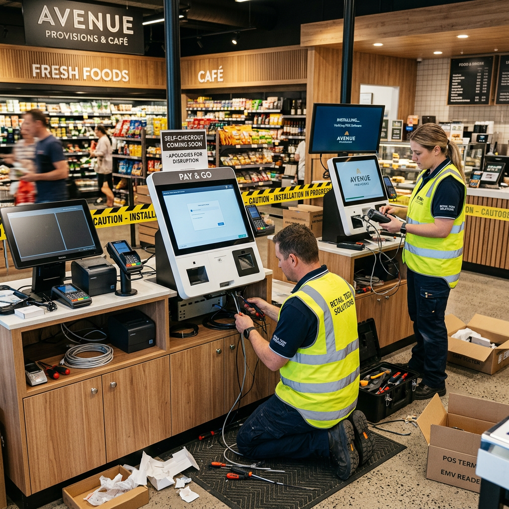 Frustrated woman with network outage Technicians setting up self-checkout kiosks in a grocery store with caution tape