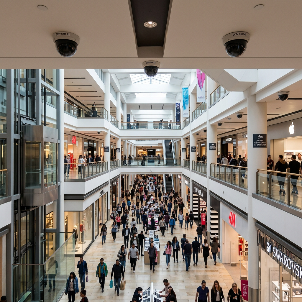 Frustrated woman with network outage Interior of a busy shopping mall with multiple floors and various stores