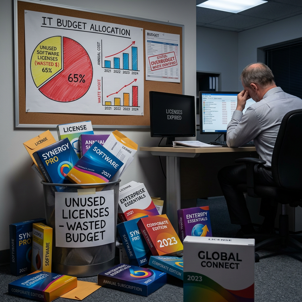 Frustrated woman with network outage Office worker frustrated by expired software licenses and budget waste