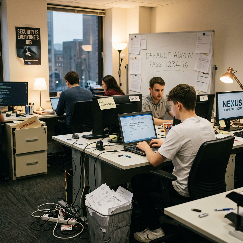 Frustrated woman with network outage Office workspace with employees at desks and default admin password written on whiteboard