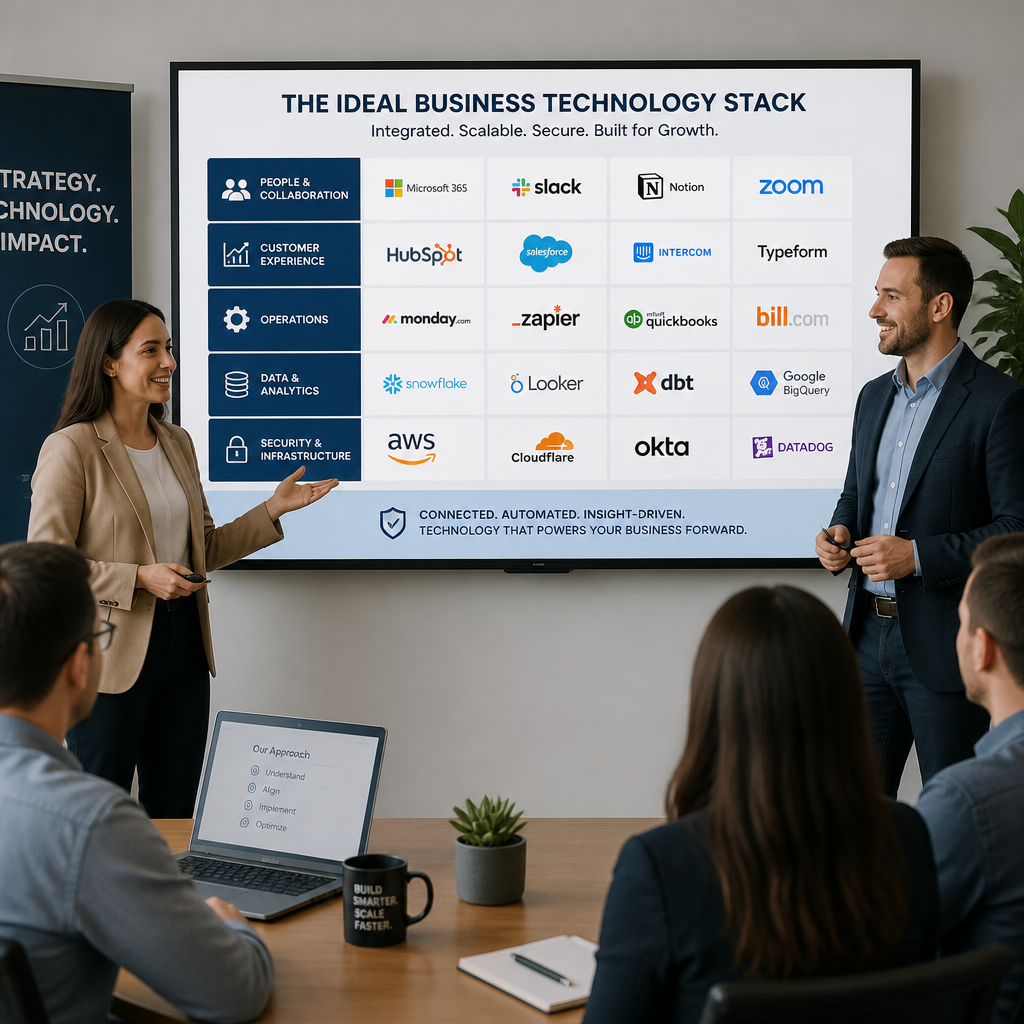 Frustrated woman with network outage Presentation slide showing an ideal business technology stack with software logos and categories