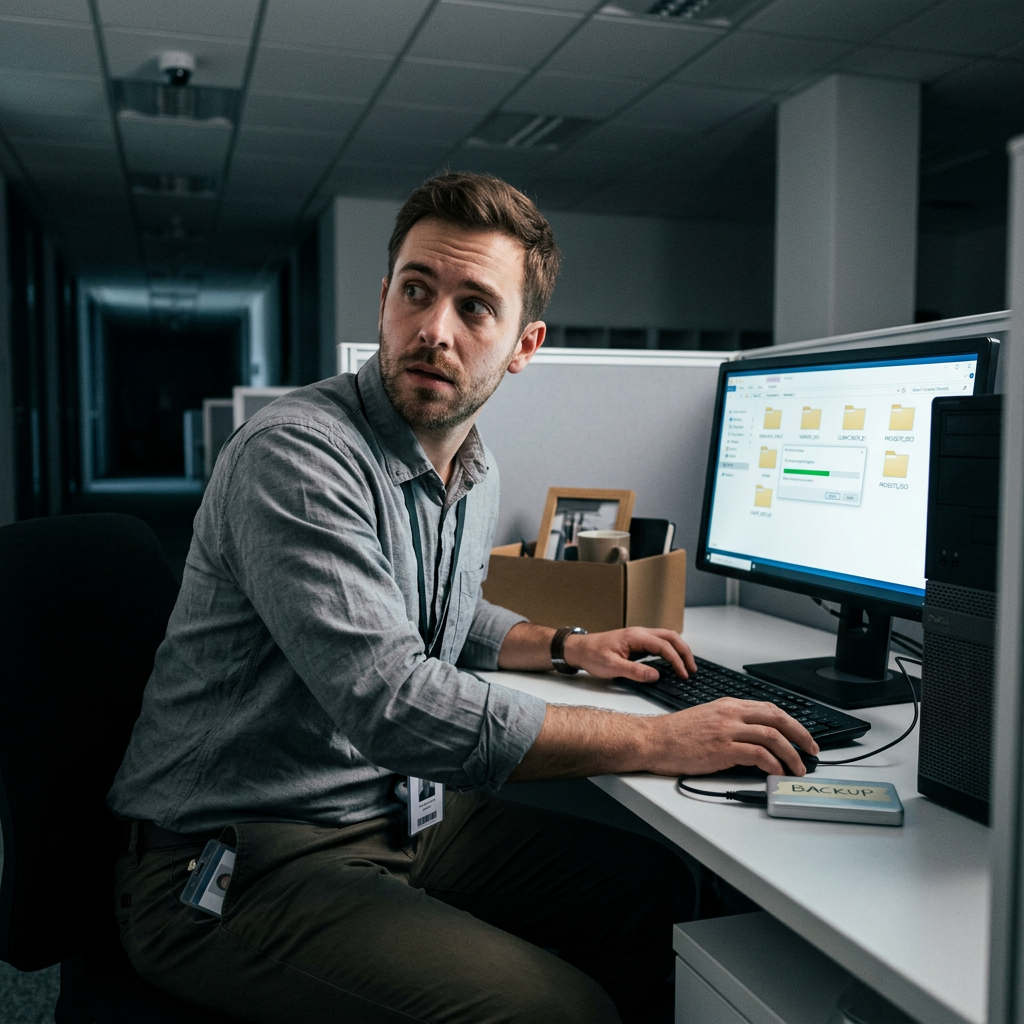Frustrated woman with network outage Man backing up files on computer in office cubicle