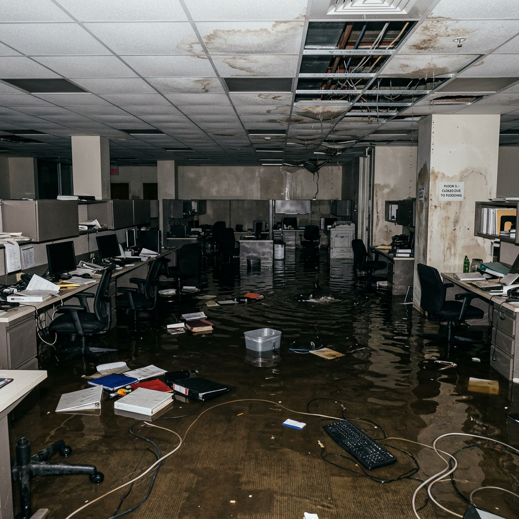 Frustrated woman with network outage Office flooded with water covering the floor and damaged ceiling tiles