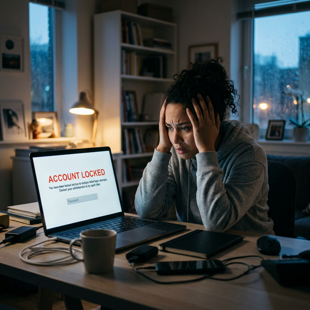 Frustrated woman with network outage Person holding head beside laptop reading "ACCOUNT LOCKED" and login warning