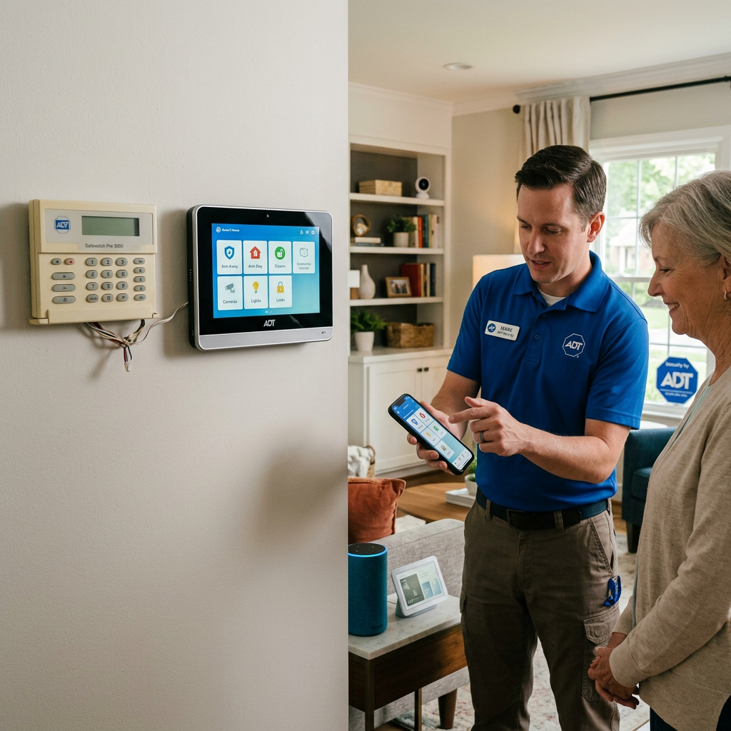 Frustrated woman with network outage ADT technician demonstrating security system to an older woman