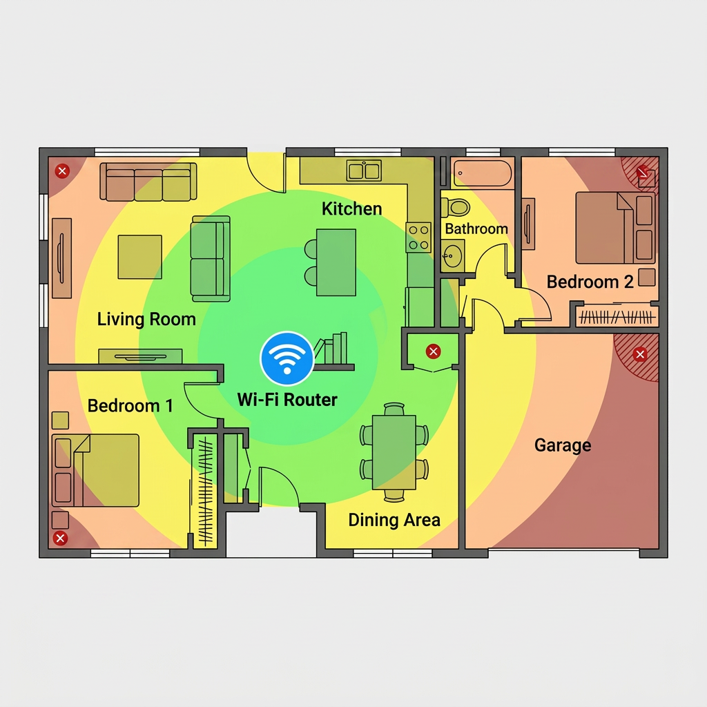 Frustrated woman with network outage Home Wi-Fi coverage heatmap showing router range and dead zones