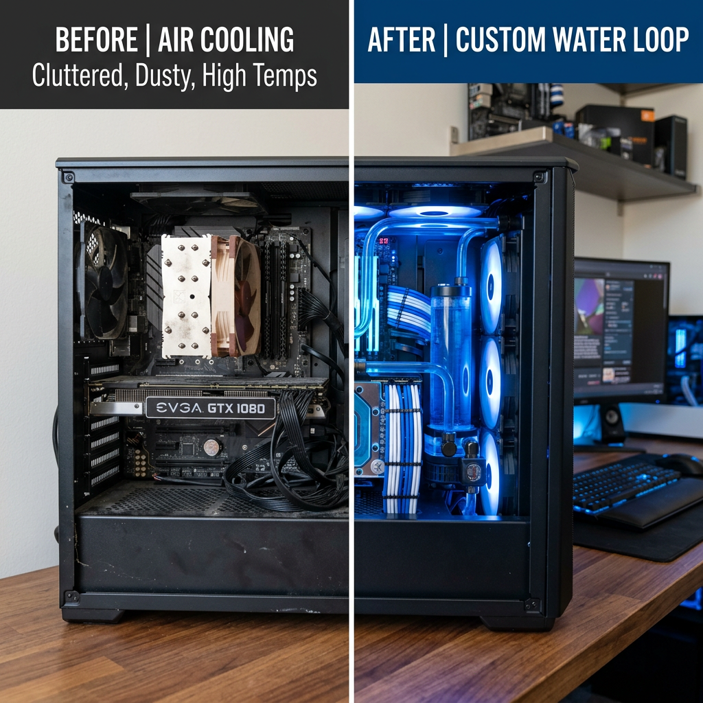 Frustrated woman with network outage Before-and-after gaming PC showing air cooling replaced by custom water cooling