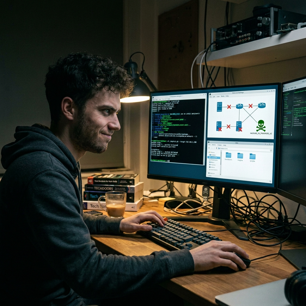 Frustrated woman with network outage Developer configuring a network diagram across multiple computer monitors
