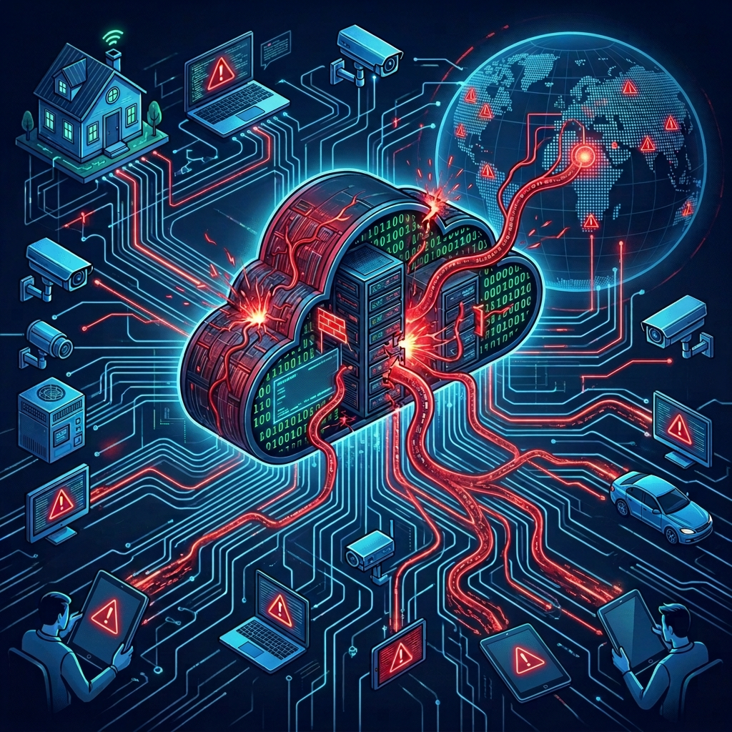Frustrated woman with network outage Cybersecurity infographic labeled Global Cloud Network, Malware Infiltration, Cloud Service, Exposed Devices, Data Breach, and Unauthorized Access
