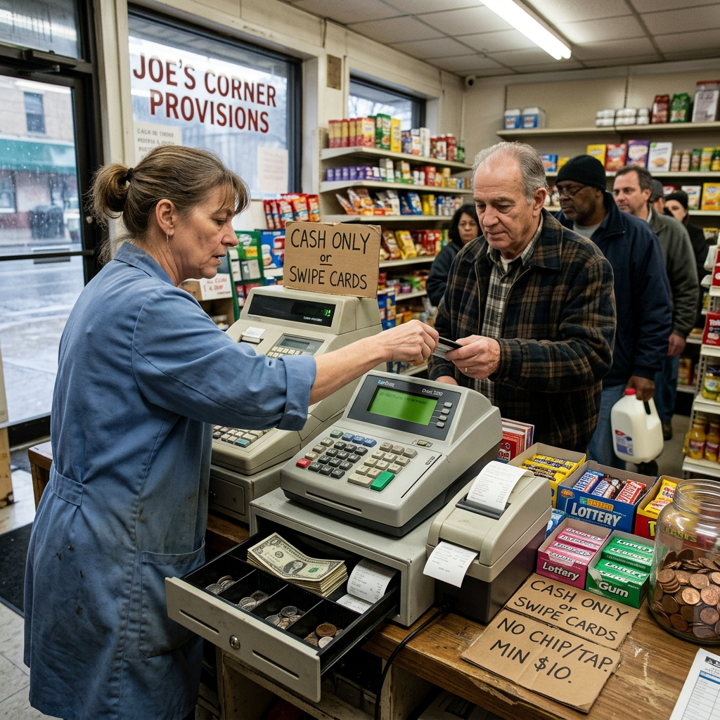 Frustrated woman with network outage Cashier processing a customer’s card at Joe’s Corner Provisions
