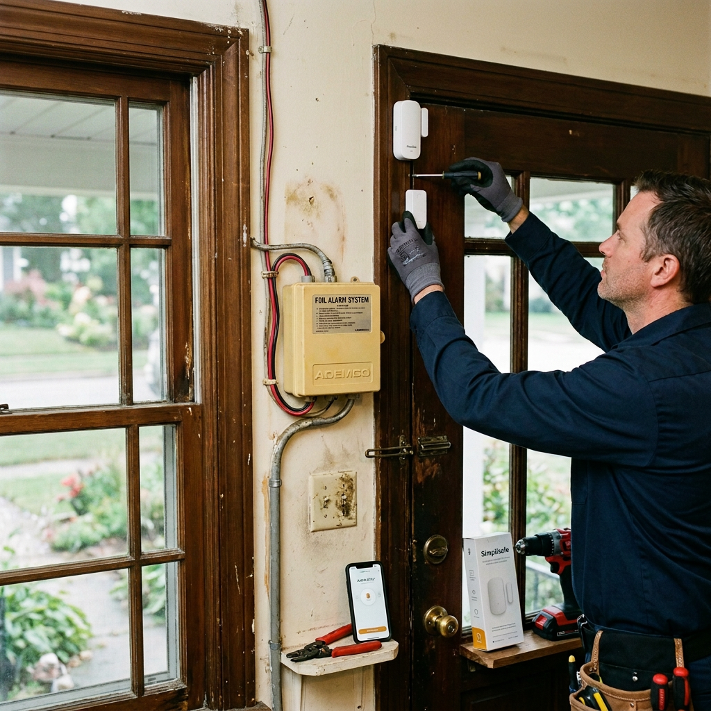 Frustrated woman with network outage Technician installing a wireless security sensor beside an existing alarm system