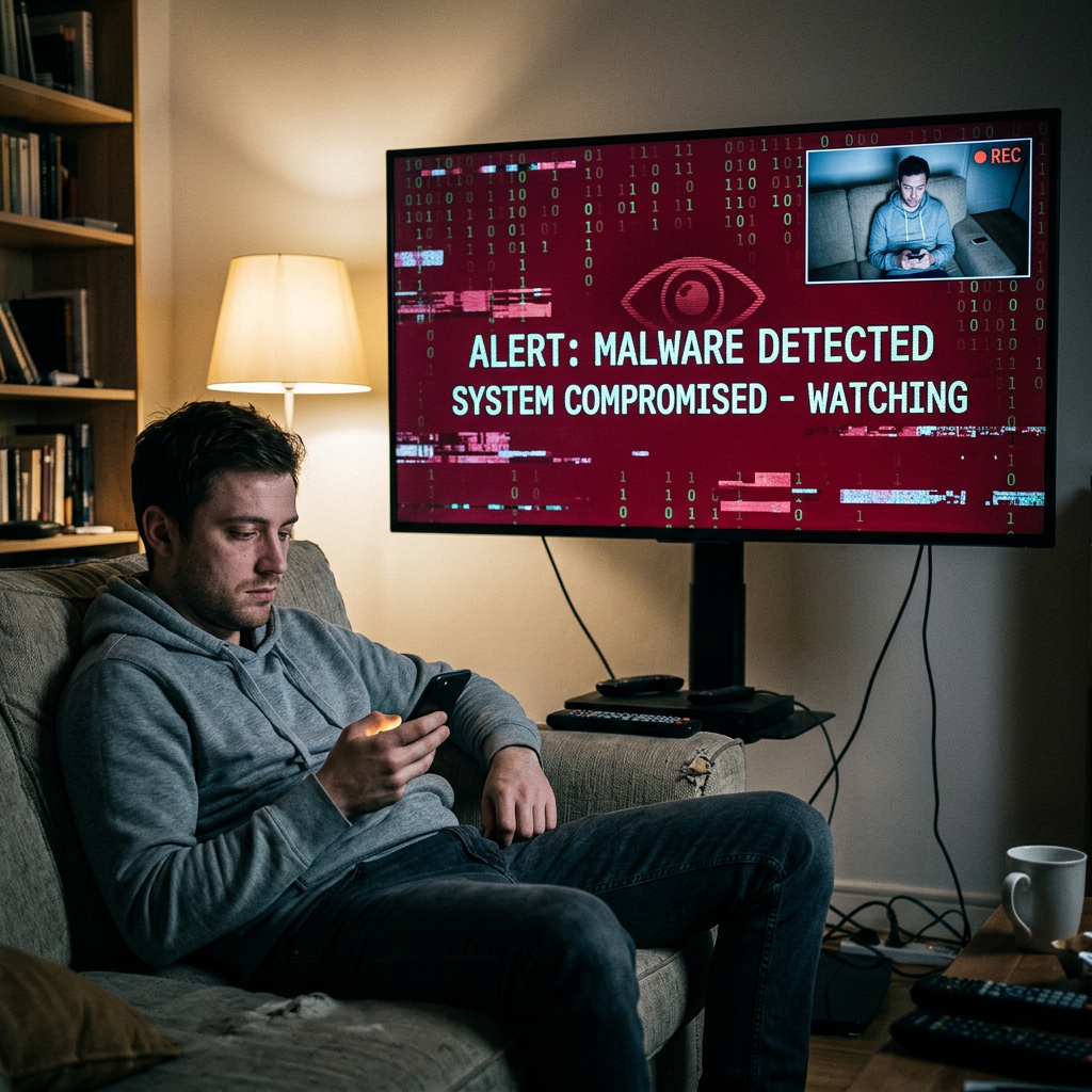 Frustrated woman with network outage Monitor displays ALERT: MALWARE DETECTED, SYSTEM COMPROMISED - WATCHING, and REC while a man uses his phone.