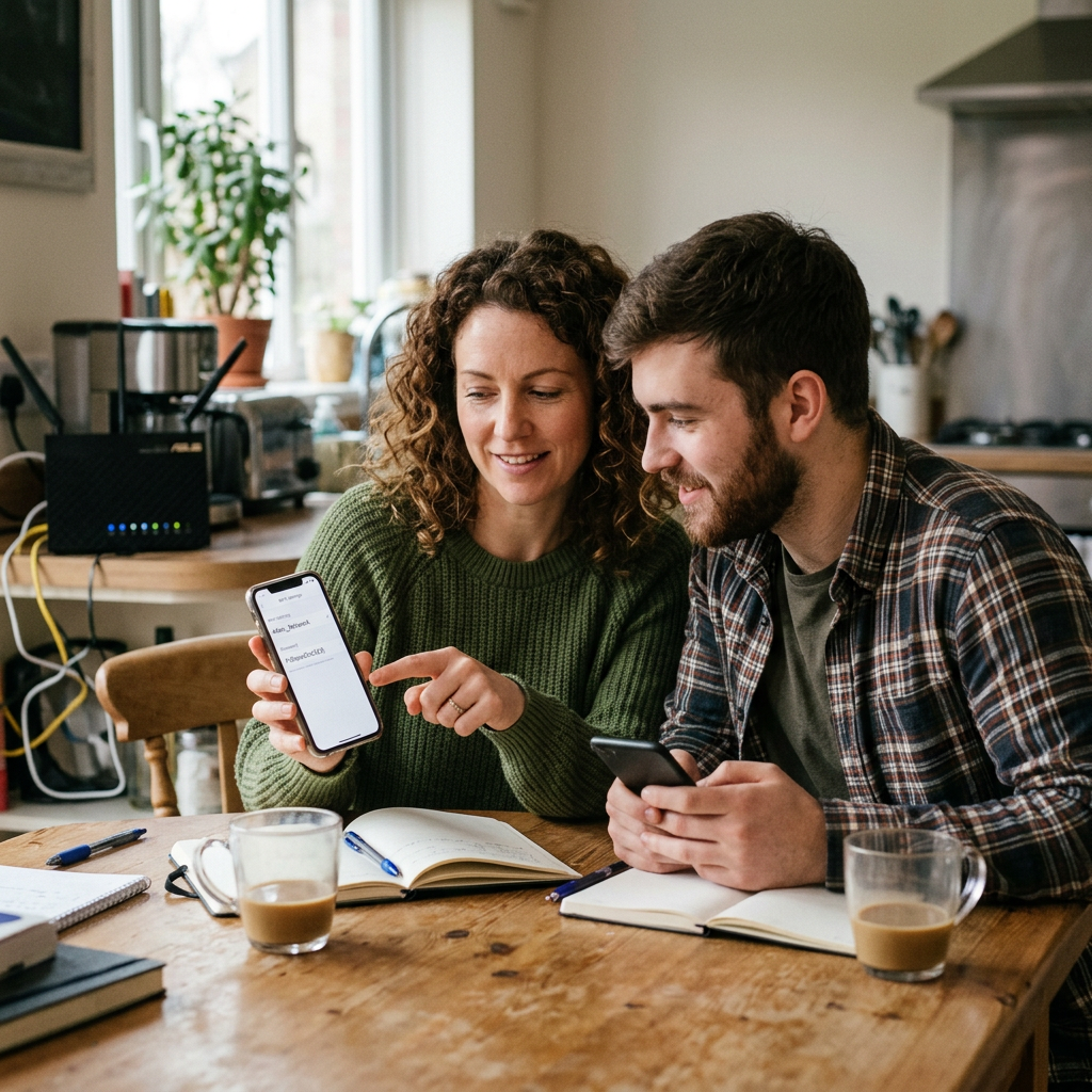 Frustrated woman with network outage Couple studying together while comparing information on their phones
